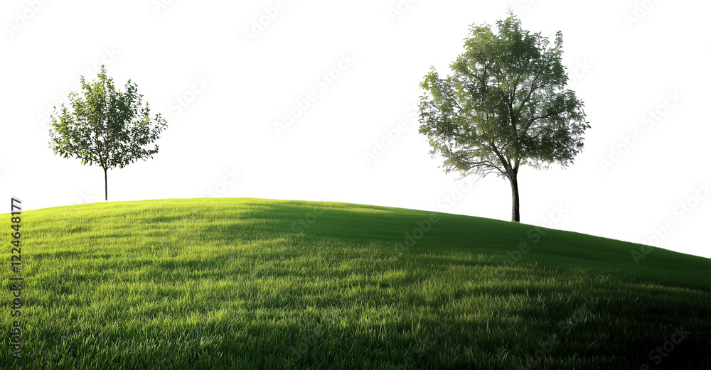 Obraz premium Two trees on a serene hill, bathed in soft sunlight, capturing the essence of tranquility and nature.