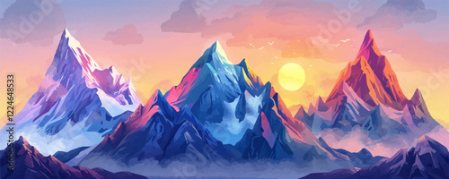 Colorful mountain landscape at sunrise vector art with snow-capped peaks.
