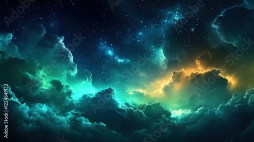 Black, blue, green, and teal night sky adorned with clouds, symbolizing stormy weather with wind and rain. The dramatic dark skies background features glows, lights, and occasional lightning