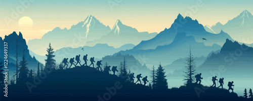 Vector mountain hiking adventure with silhouetted hikers and scenic landscape.