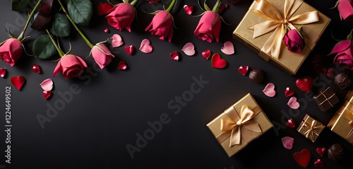 Dark background with Valentine's Day theme. Roses, candles and gifts, empty space for text. Perfect for Valentine's Day