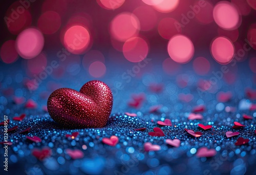 Sparkling pink heart on blue glitter background. Perfect for Valentine's Day
