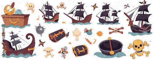 Vector pirate ships and treasure icons collection for nautical adventures.