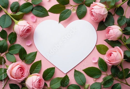 Mockup of a heart shaped card on a pink background with pink roses. Valentine's Day concept. Perfect for cards, gifts and more
