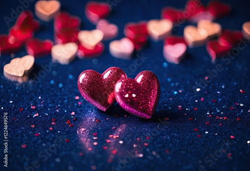Two sparkling pink hearts on blue glitter background. Perfect for Valentine's Day