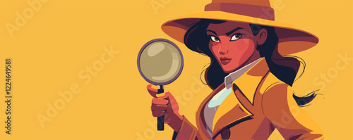 Detective woman vector art with magnifying glass on yellow background.