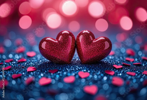 Two sparkling pink hearts on blue glitter background. Perfect for Valentine's Day