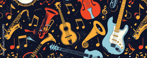 Colorful musical vector pattern with instruments and notes.