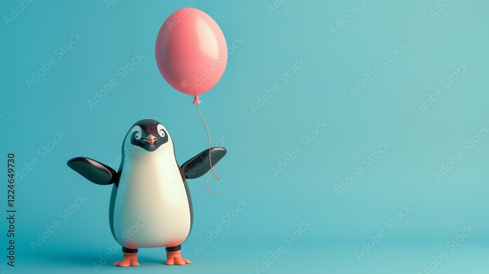 Obraz premium A cartoon penguin stands on a blue background, holding a pink balloon.