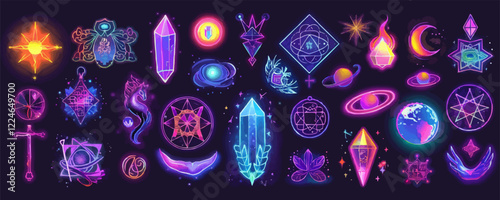 Mystical vector elements featuring neon celestial and cosmic symbols.