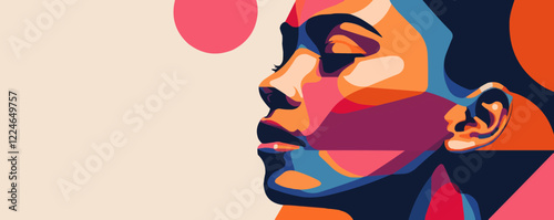 Colorful vector art of a woman's profile in abstract style with modern design elements.