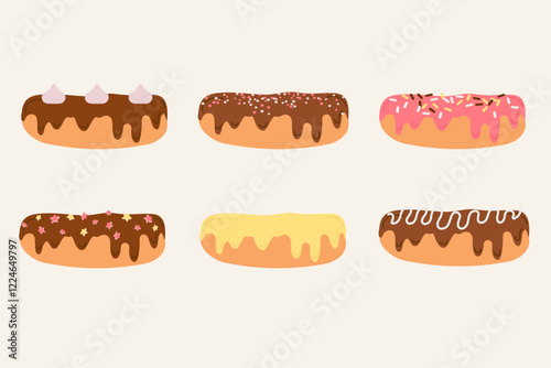 Collection of eclairs pastries French cuisine desserts hand drawn