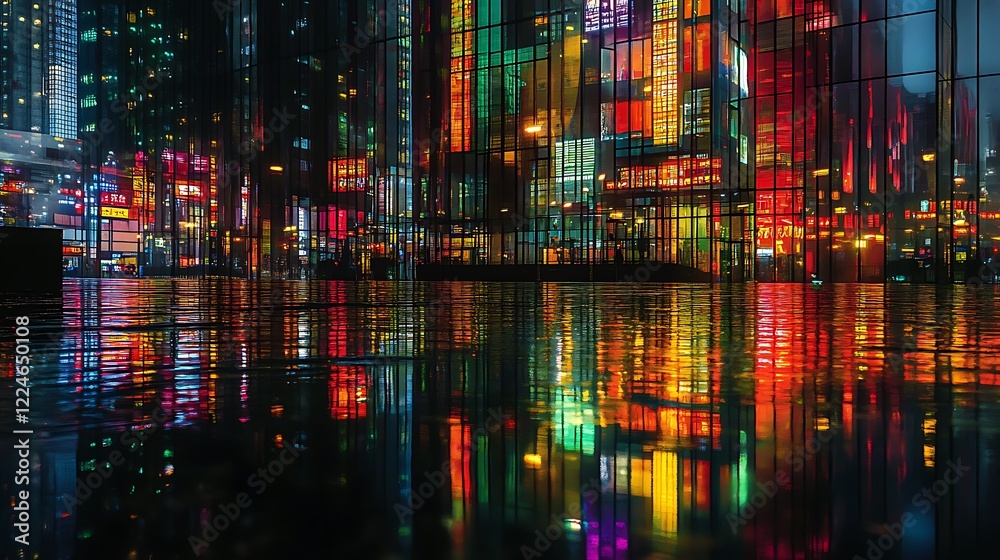 Fototapeta premium City reflection on wet ground at night, urban backdrop