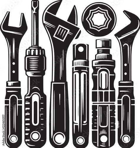 Black Ratchet and Socket Set Silhouette Vector, High Quality Illustration on White Background