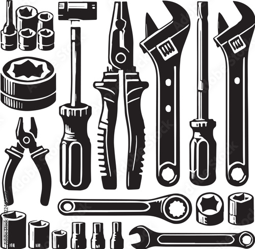 Black Ratchet and Socket Set Silhouette Vector, High Quality Illustration on White Background