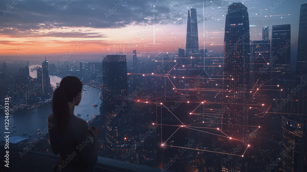 Abstract business woman stands on Smart digital Innovation city with connection network reciprocity over the twilight cityscape. of future wireless digital city and social media networking systems Abstract business woman stands on Smart digital Innovation city with connection network reciprocity over the twilight cityscape. of future wireless digital city and social media networking systems