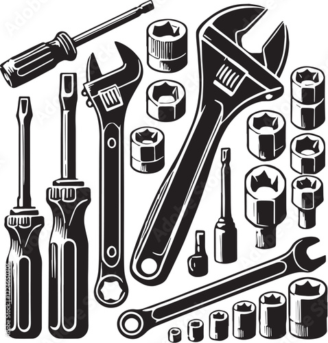 Black Ratchet and Socket Set Silhouette Vector, High Quality Illustration on White Background