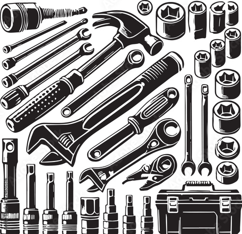 Black Ratchet and Socket Set Silhouette Vector, High Quality Illustration on White Background