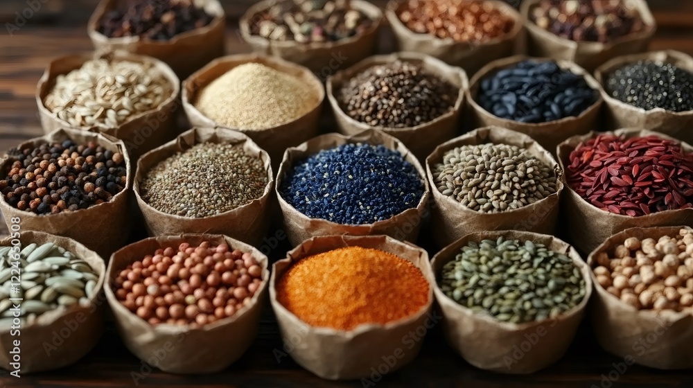 Various colorful seeds and spices filling small paper cups on rustic wooden table Various colorful seeds and spices filling small paper cups on rustic wooden table