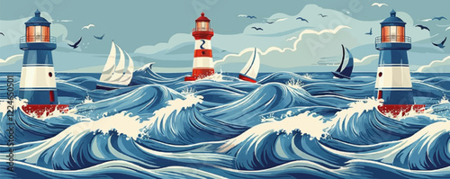 Vector nautical scene with lighthouses and sailboats amidst ocean waves.