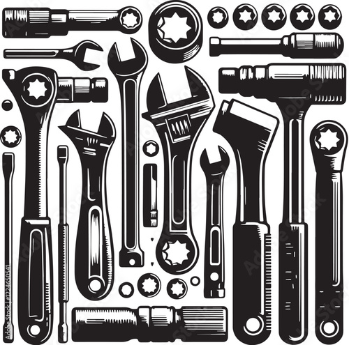 Black Ratchet and Socket Set Silhouette Vector, High Quality Illustration on White Background