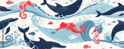 Vector marine pattern with whales and seahorses in ocean waves.