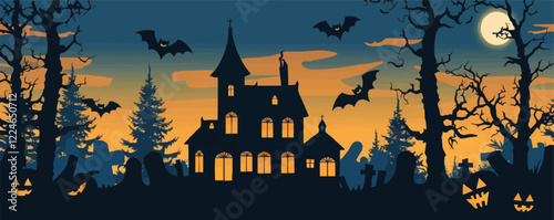 Halloween haunted house vector scene with bats and full moon.