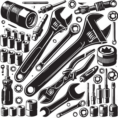 Black Ratchet and Socket Set Silhouette Vector, High Quality Illustration on White Background