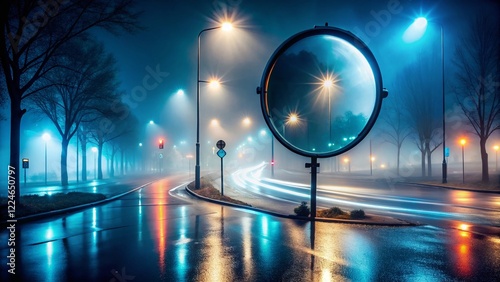 Foggy Night Junction: Mysterious Convex Mirror Reflection Stock Photo