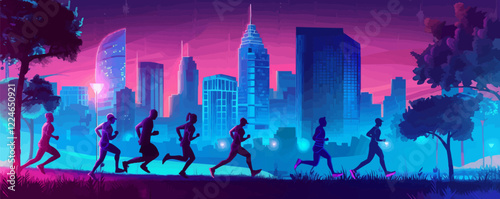 Vector urban nightscape with joggers and city silhouettes.