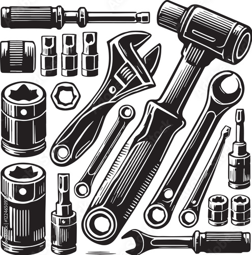 Black Ratchet and Socket Set Silhouette Vector, High Quality Illustration on White Background