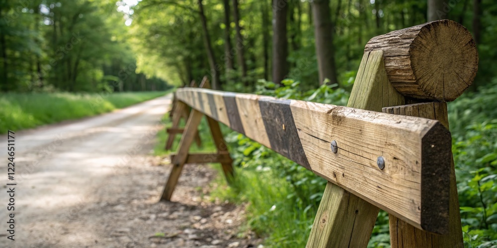 Forest Trail Barrier - Wooden Fence Blocking Path in Woods Forest Trail Barrier - Wooden Fence Blocking Path in Woods