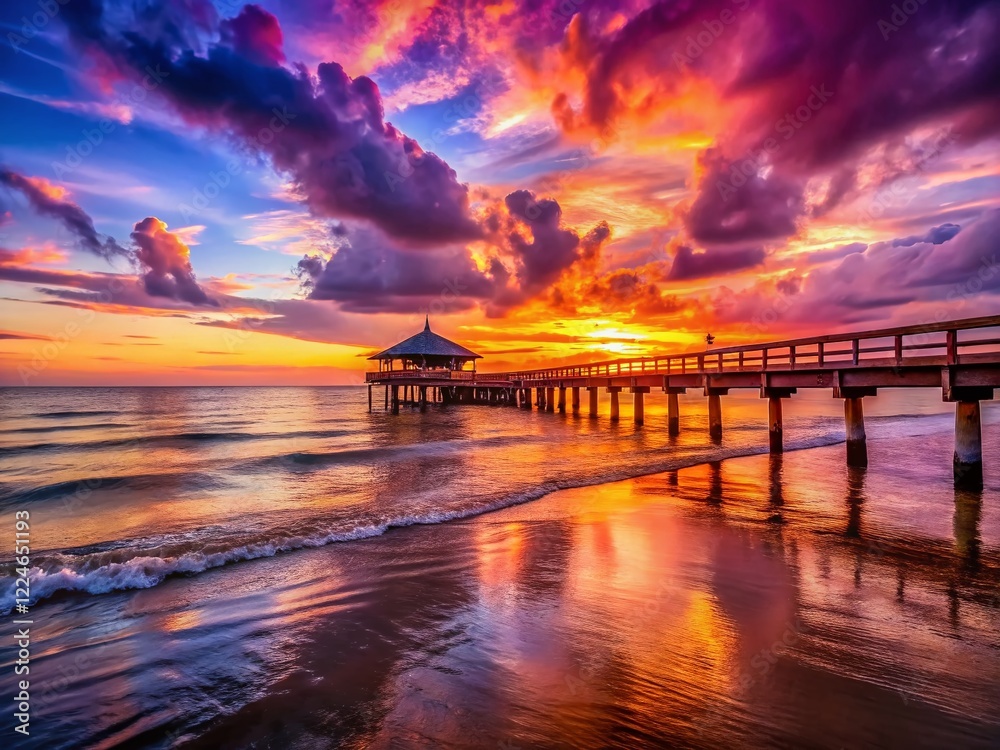 Fototapeta premium Fort Myers Beach Sunset Pier: Vibrant Colors & Calm Waters