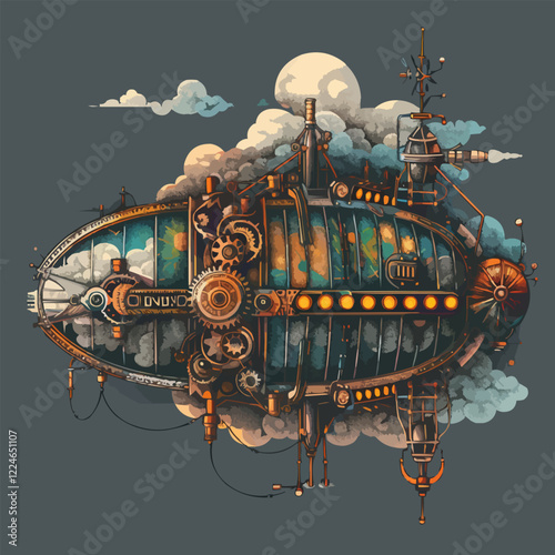 Retro futuristic steampunk airship vector design with industrial elements.