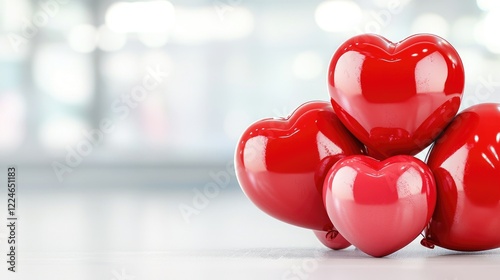 Red heart balloons on table, bokeh background, Valentine's Day, love