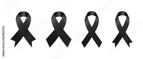 Set a Black awareness ribbon on a white background. Mourning and melanoma symbol.