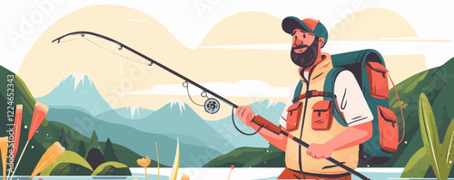 Vector art of a man fishing in a scenic mountain setting.