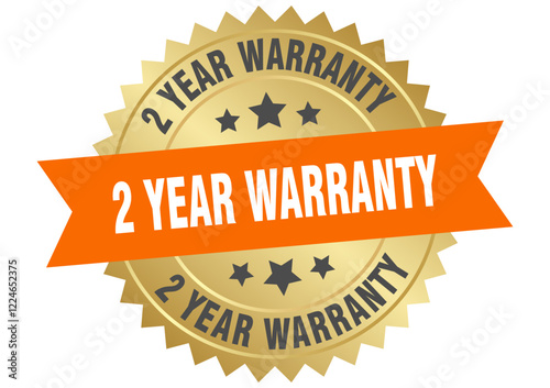 2 year warranty. 2 year warranty round orange and gold label isolated on transparent background