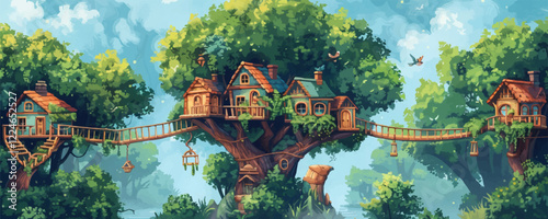 Enchanting treehouse village vector with lush greenery and bridges.