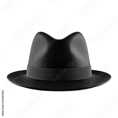 Classic black felt fedora hat with ribbon isolated on white or transparent, PNG