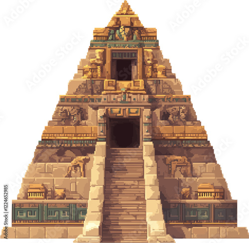 Ancient pyramid vector graphic with intricate stone carvings.