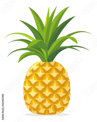 Bright vector pineapple with green leaves on white background.