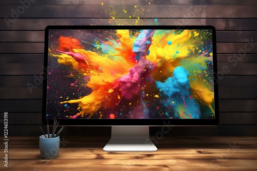 A vibrant burst of multi-colored paints erupts from the TV monitor, creating a dynamic spectacle. This explosion of hues transforms the room into a lively canvas of creativity and inspiration.