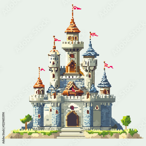 Vector fantasy castle with turrets and flags in pixel art style.