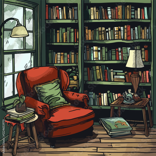Cozy reading nook with armchair and bookshelves - vector art.