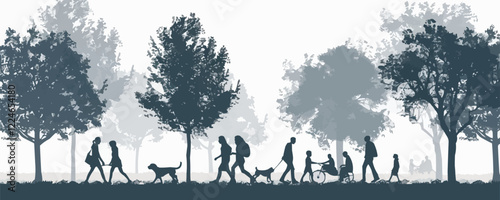 Vector silhouette of people and pets strolling in park with trees.