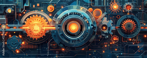 Futuristic mechanical gears vector background with neon details.