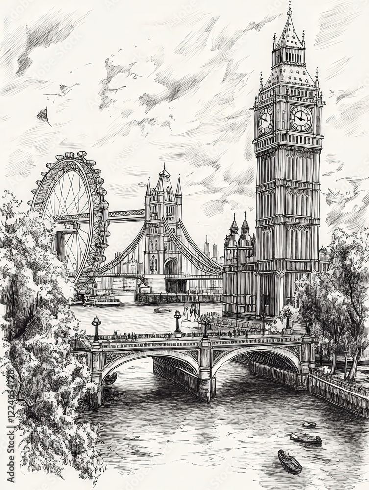 Obraz premium Hand-drawn illustration of London skyline with Big Ben and Tower Bridge
