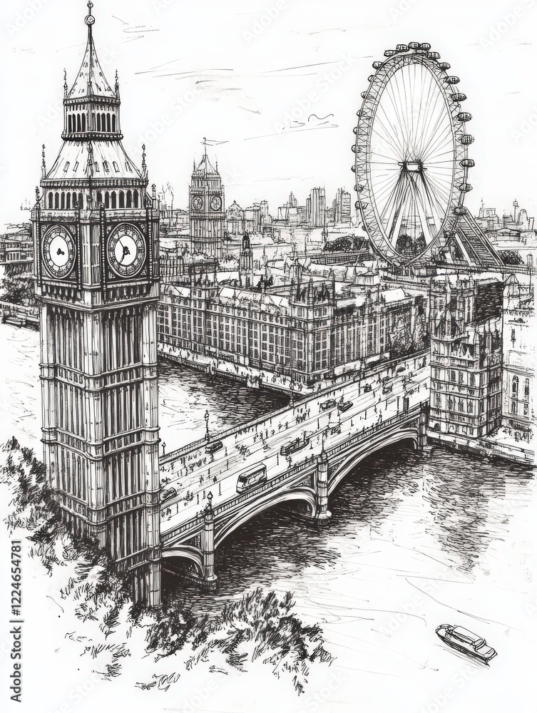 Obraz premium Hand-drawn illustration of London skyline with Big Ben and Tower Bridge