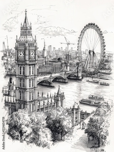 Hand-drawn illustration of London skyline with Big Ben and Tower Bridge photo